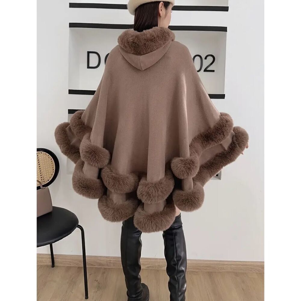 NWT Gorgeous OS Soft Knit Fur Trim Brown Open Hooded Hood Ruana Cape Poncho - Picture 4 of 13